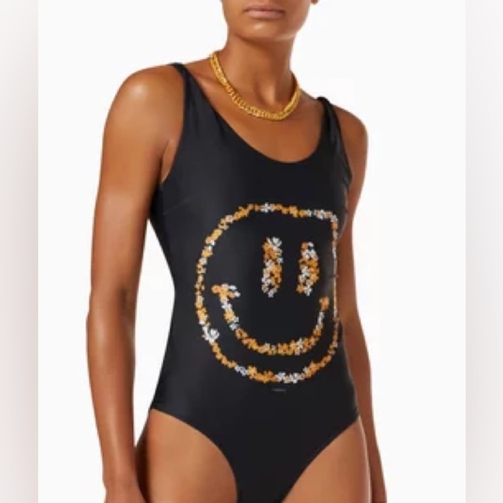 Ganni Twisted Strap Swimsuit Floral Smiley Face Bathing suit size 40/medium
